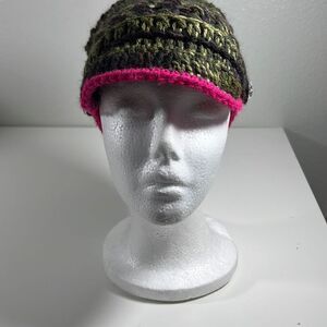 Hand Crocheted Small Billed Beanie Cap. Camo & Pink. OSFM